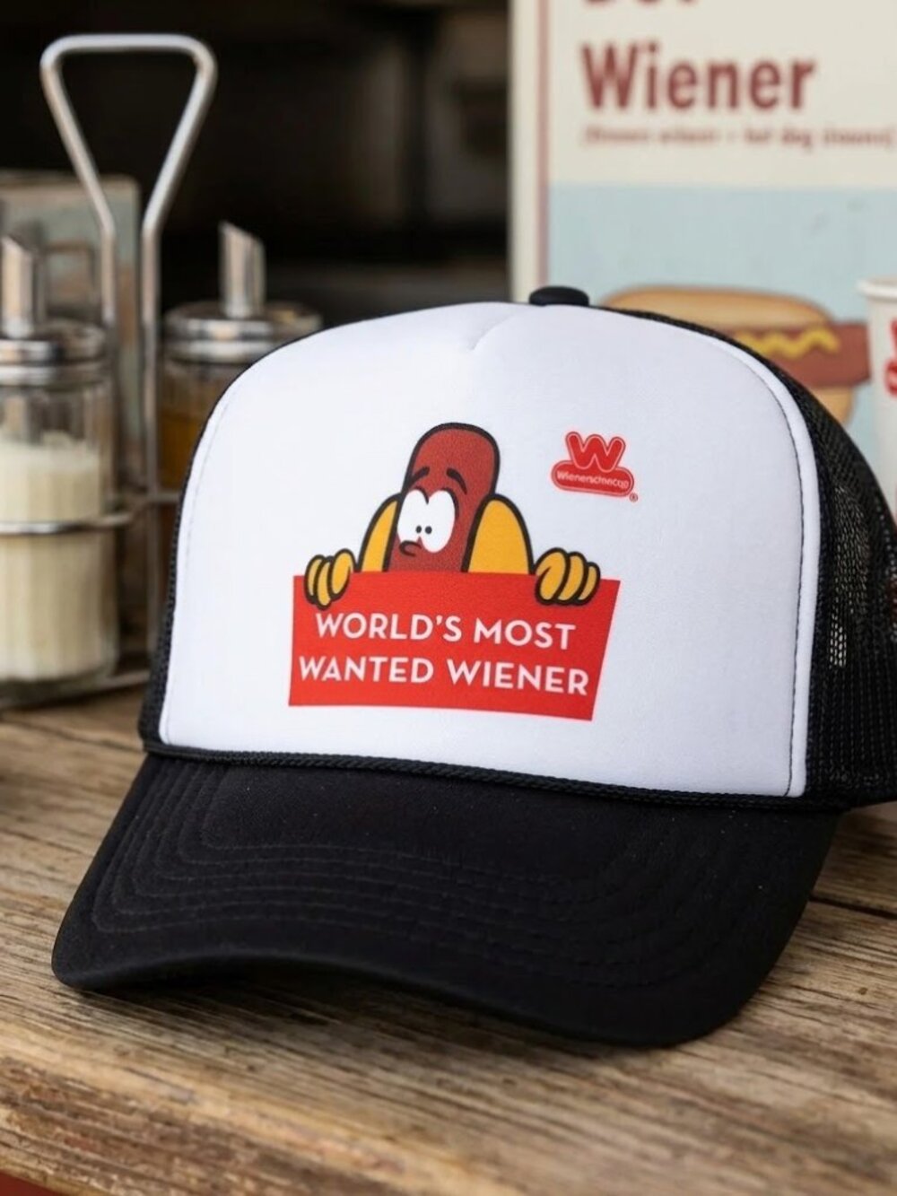 Wienerschnitzel Most Wanted Wiener Mascot Printed Black Foam Rope Hat New Retro